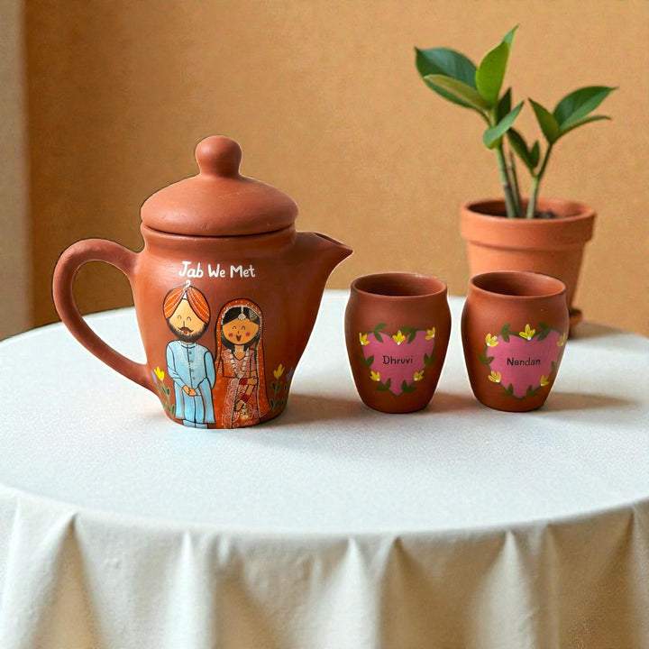 Punjabi Couple Photo Personalized Handpainted Terracotta Kettle With Two Kulhads Set