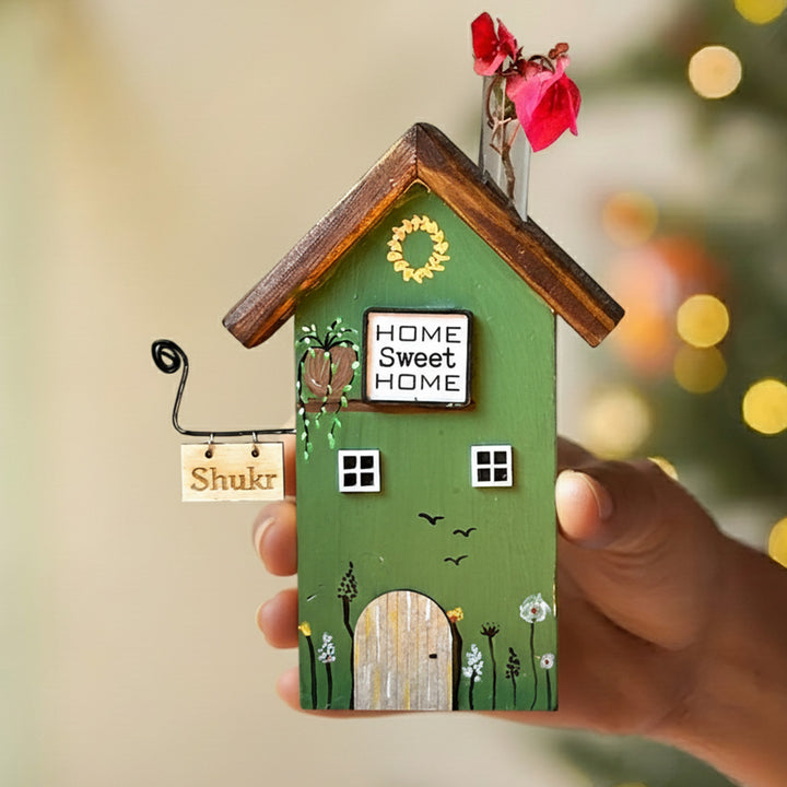 2 pc | Green & Lavendar Handcrafted Miniature Wooden House Planter/Pen Holder