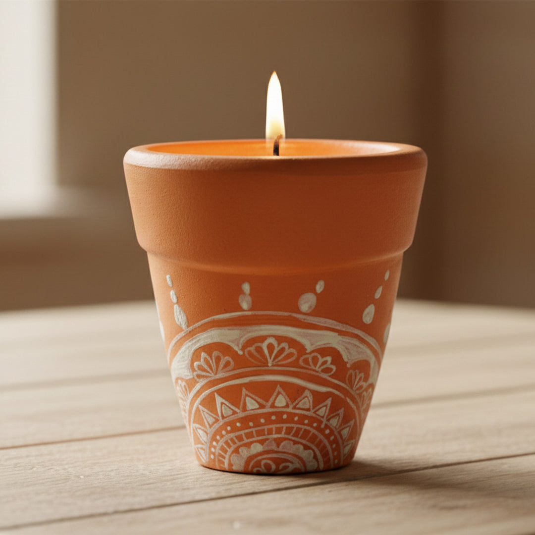 Hand-Painted Planter Design Terracotta Candle Holder With Candle