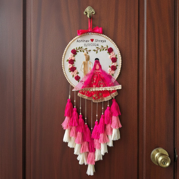 Personalized Embroidered Pink Floral Wedding Plaque With Tassels