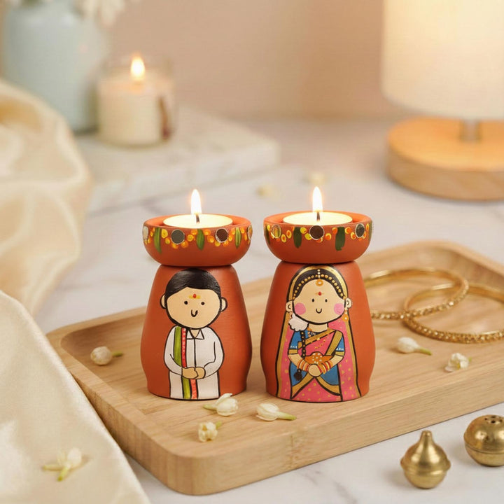 2 Pc | South Indian Couple Handpainted Terracotta Tealight Holders