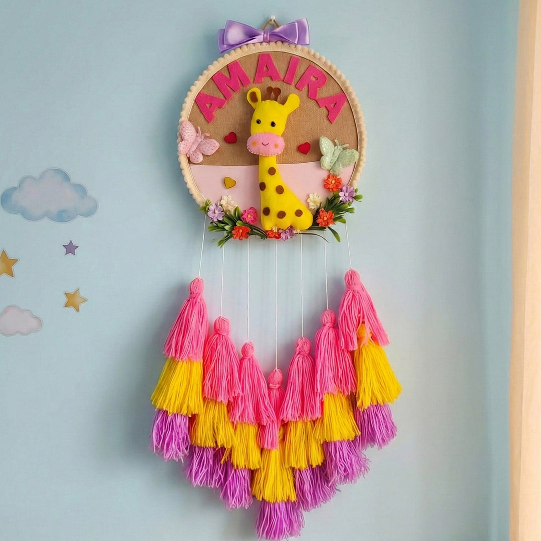 Personalized Giraffe Theme Kids Name Plate With Tassels