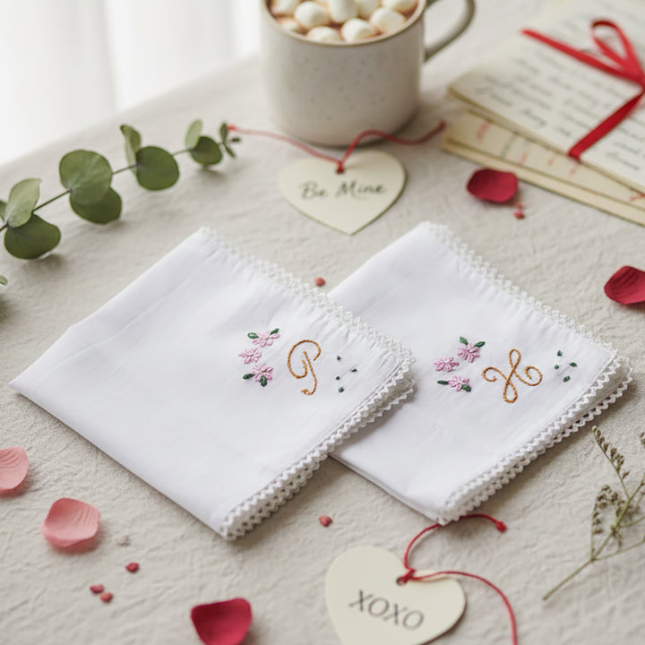 2 Pc | Personalized Hand Embroidered Victorian Floral Cotton Handkerchief