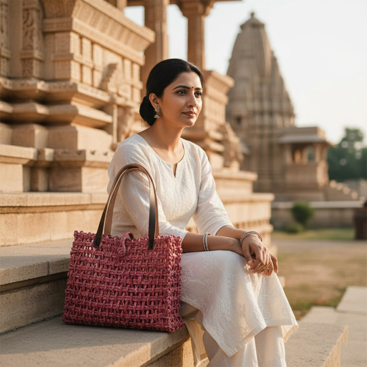 Handmade Grass Woven Leather Strap Box Shaped Pink Sabai Mesh Tote Bag