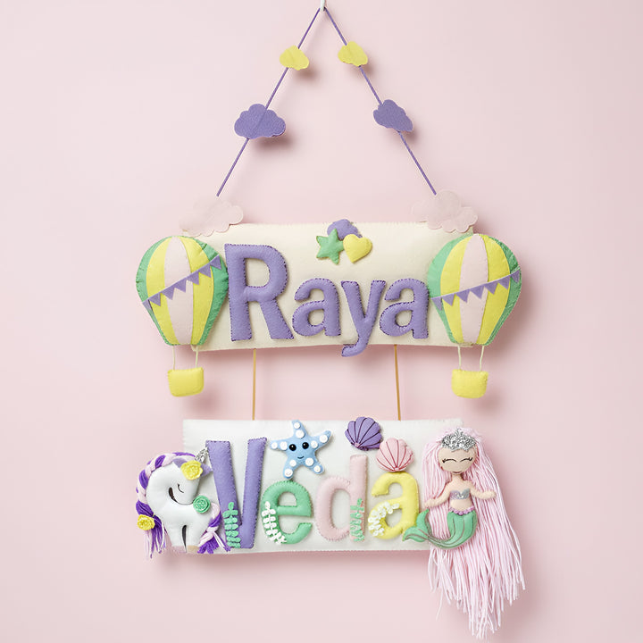 Customized Handcrafted Hot Air Balloon Theme Felt Name Plate for Siblings