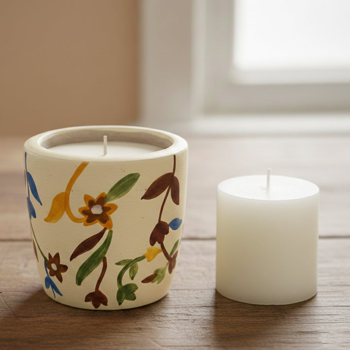 Hand-Painted Multicolor Floral Terracotta Candle Holder With Candle