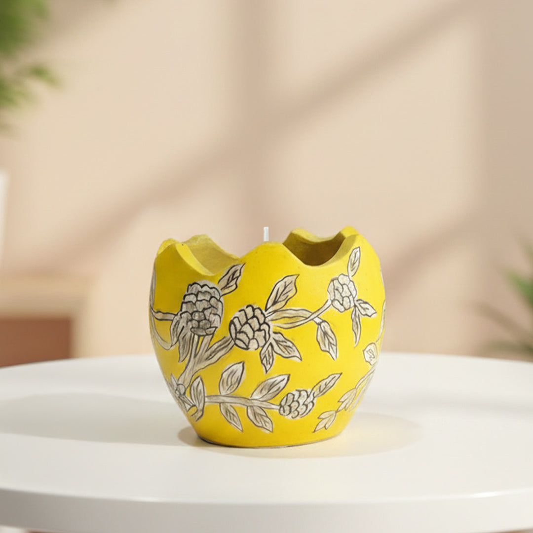 Hand-Painted Yellow & White Floral Terracotta Candle Holder With Candle