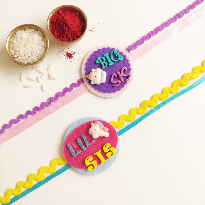 Handmade "Big Sis" & "Lil Sis" Felt Kids Rakhi Combo With Roli Chawal For Sisters | Set Of 2