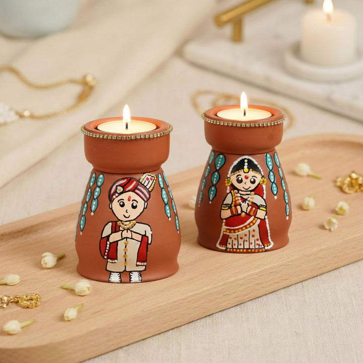 Gujrati Couple Handpainted Terracotta Tealight Holder