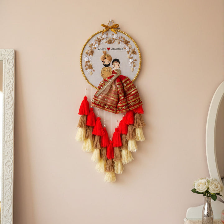 Personalized Embroidered Red & Golden Wedding Plaque With Tassels