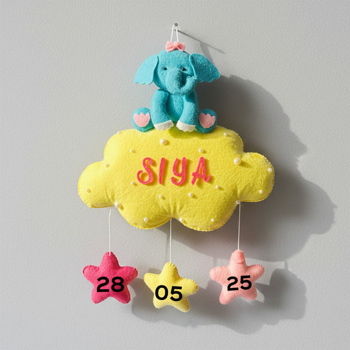 Personalized Handmade Animals On Cloud Theme Felt Kids Name Plate With Date of Birth