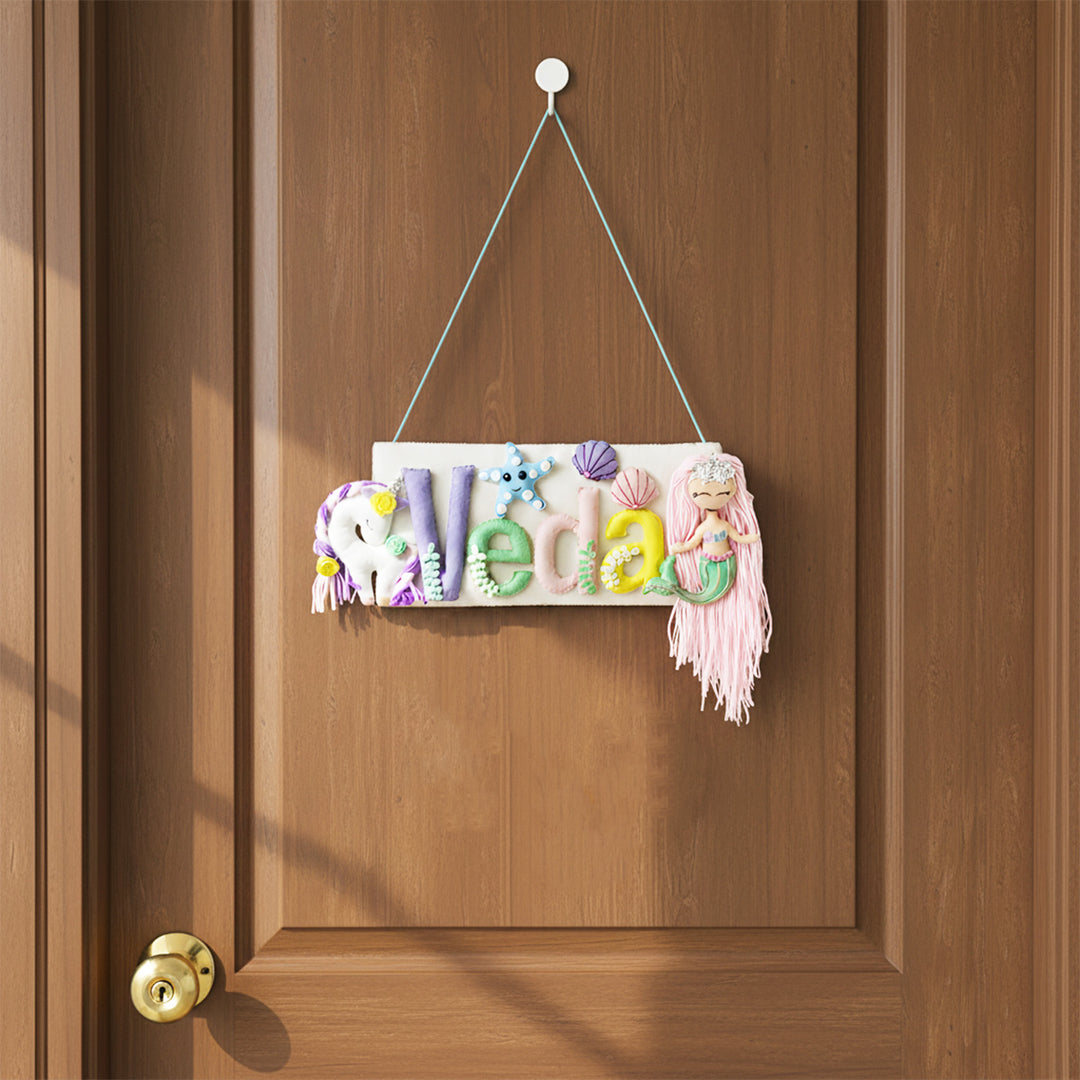 Handcrafted Mermaid & Unicorn Themed Rectangle Felt Name Plate for Kids