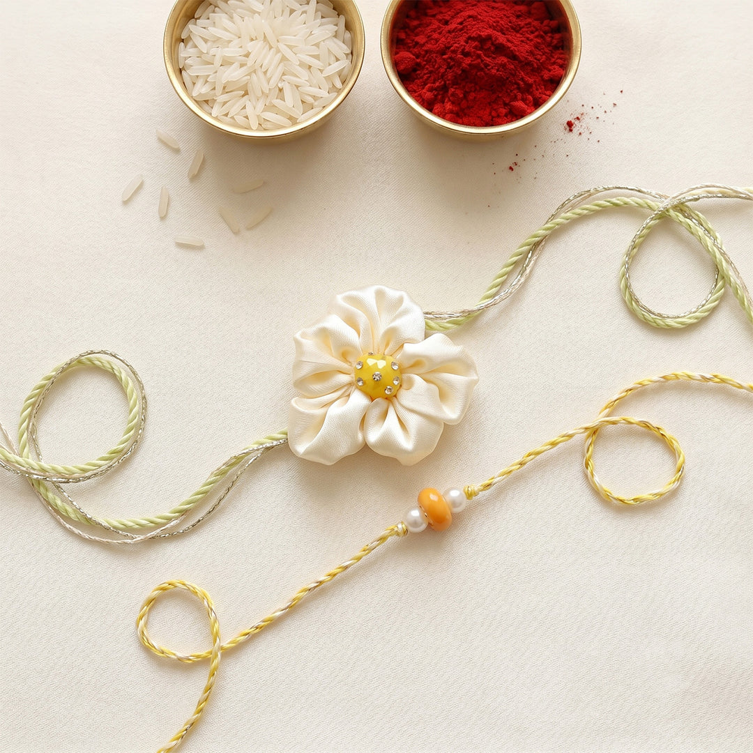 Handmade Daisy Phool Floral Pearl Couple Rakhi Lumba Set With Roli Chawal For Bhaiya Bhabhi