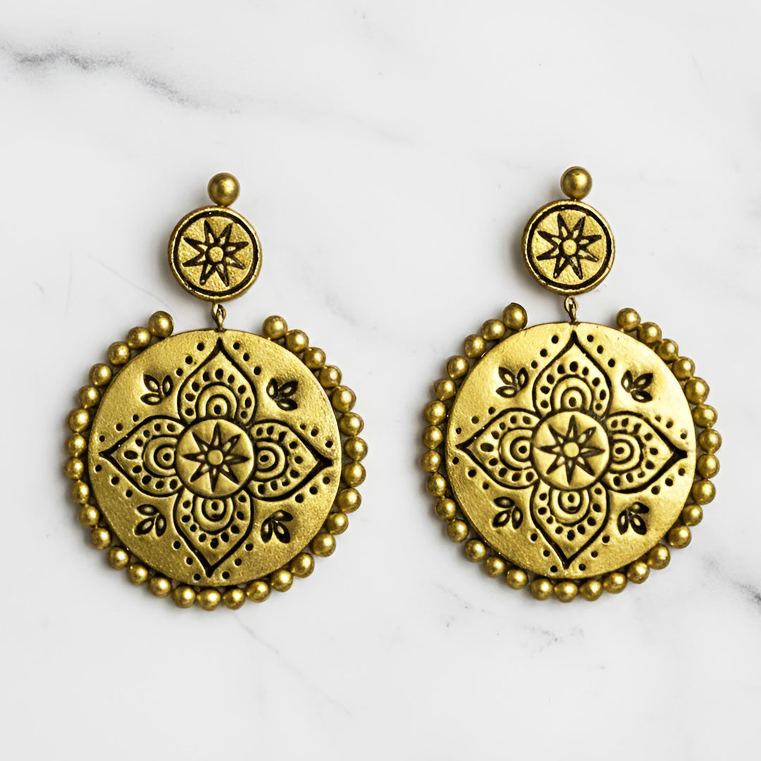Handmade Golden Halo Chandbali Terracotta Earrings