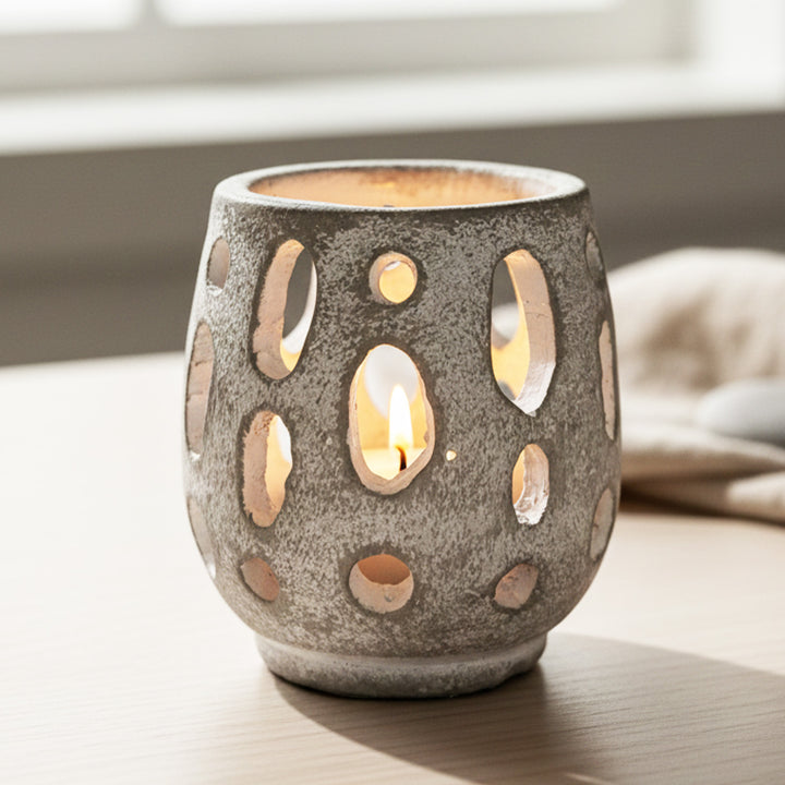 Grey Distress Finish Terracotta Tealight Holder With Candle