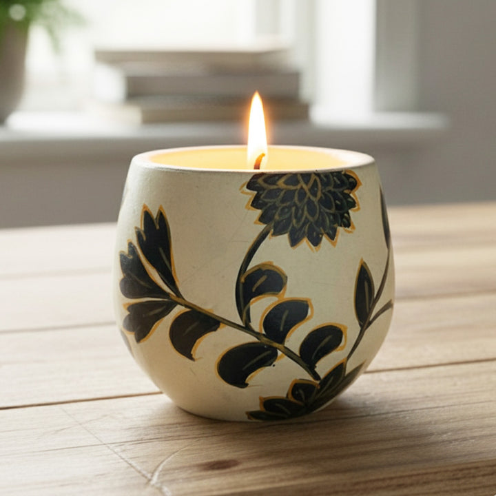 Hand-Painted Black Floral Terracotta Candle Holder With Candle