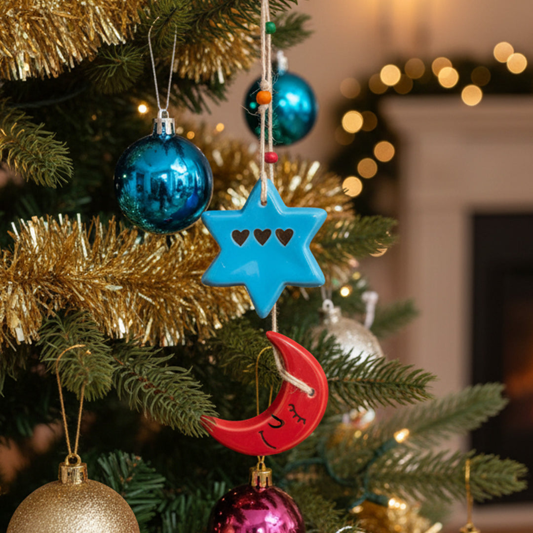 Handmade Moon & Star Ceramic Ornament For Christmas Tree Decoration