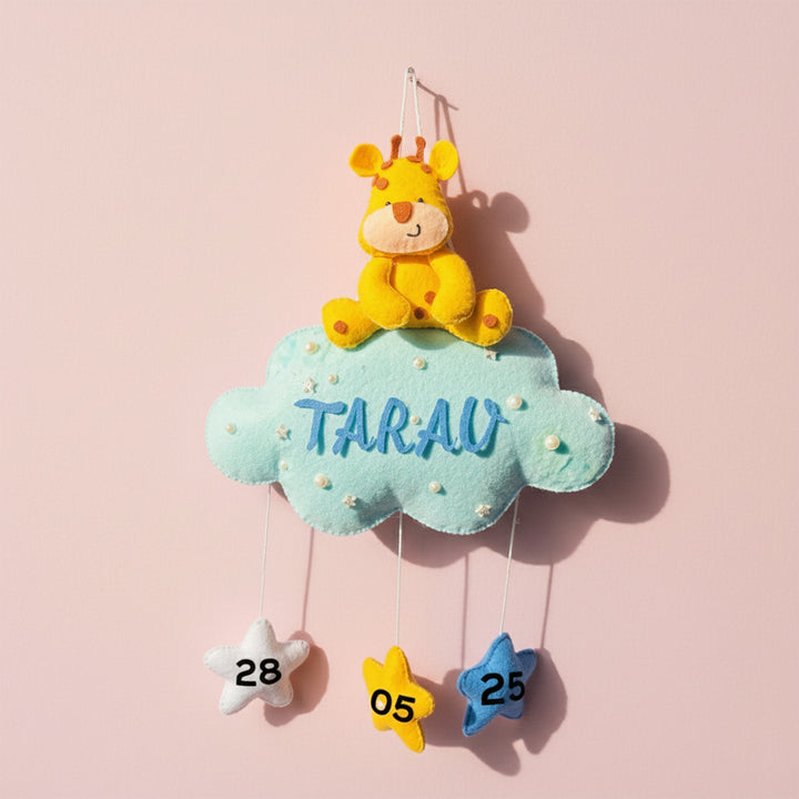 Personalized Handmade Animals On Cloud Theme Felt Kids Name Plate With Date of Birth