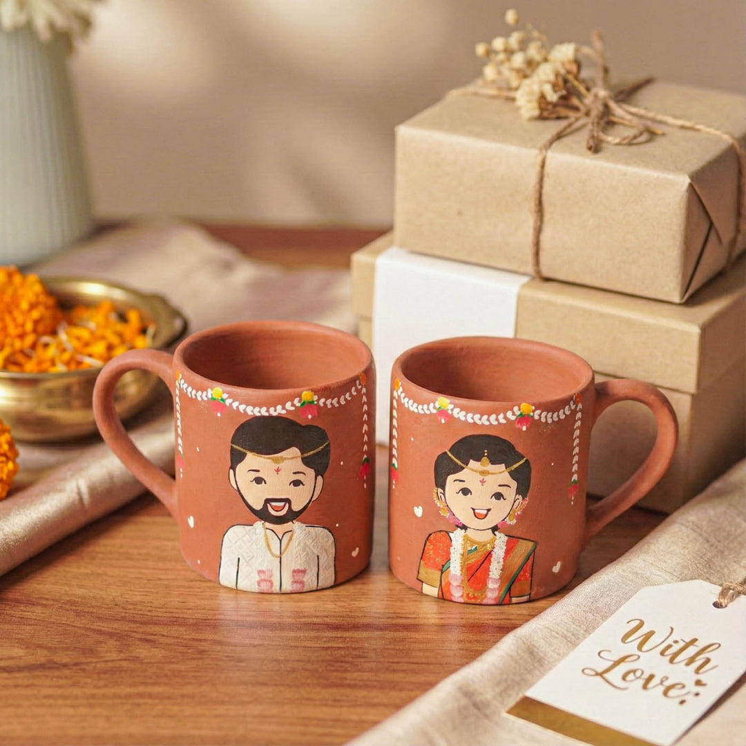 2 Pc | South Indian Couple Personalized Handpainted Terracotta Mug | 200 ml