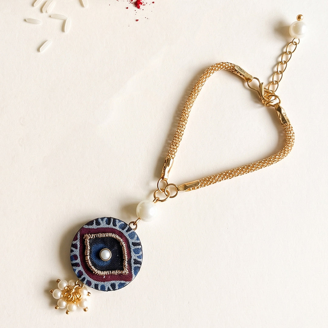 Drishti Evil Eye Ajrakh Block Print Lumba Rakhi With Roli Chawal For Bhabhi