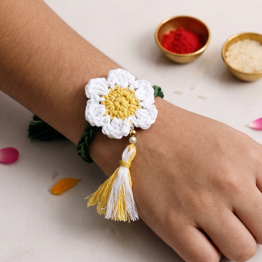 Handmade Crochet Daisy Rakhi With Roli Chawal for Bhaiya