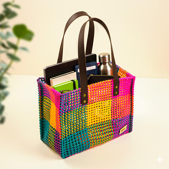 Checkered Multicolor Mukhya Knot Handmade Koodai Tote Bag