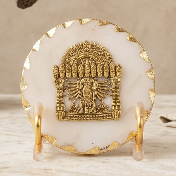 White Marble Gold Leafing Narayan Showpiece With Metal Stand