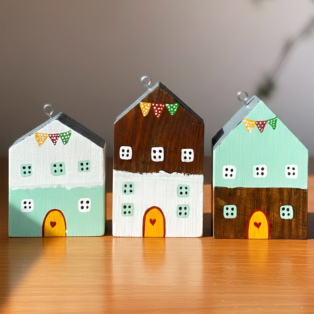 3 pc | Mint & White Handcrafted Miniature Wooden Houses