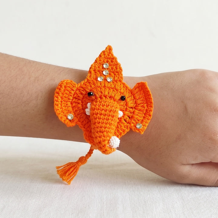 Handmade Crochet Ganpati Bappa Theme Rakhi With Roli Chawal