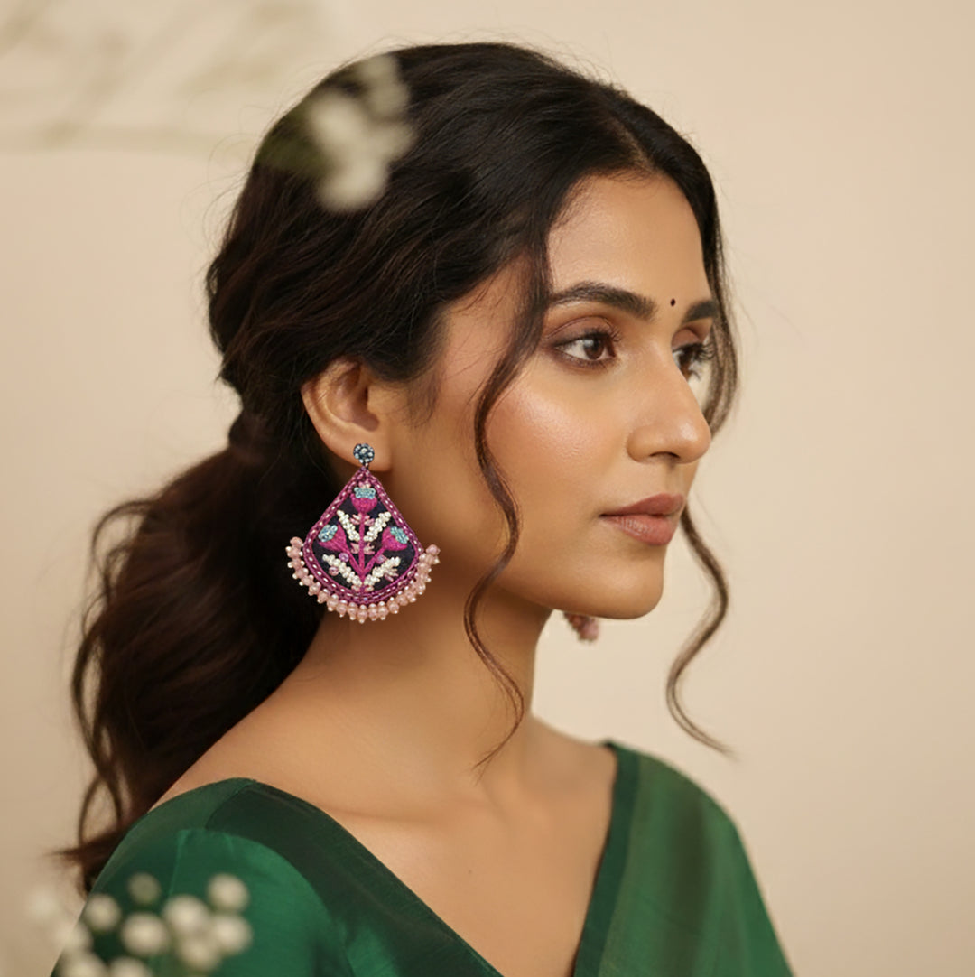 Hand Embroidered Beaded Pink Floral Earrings