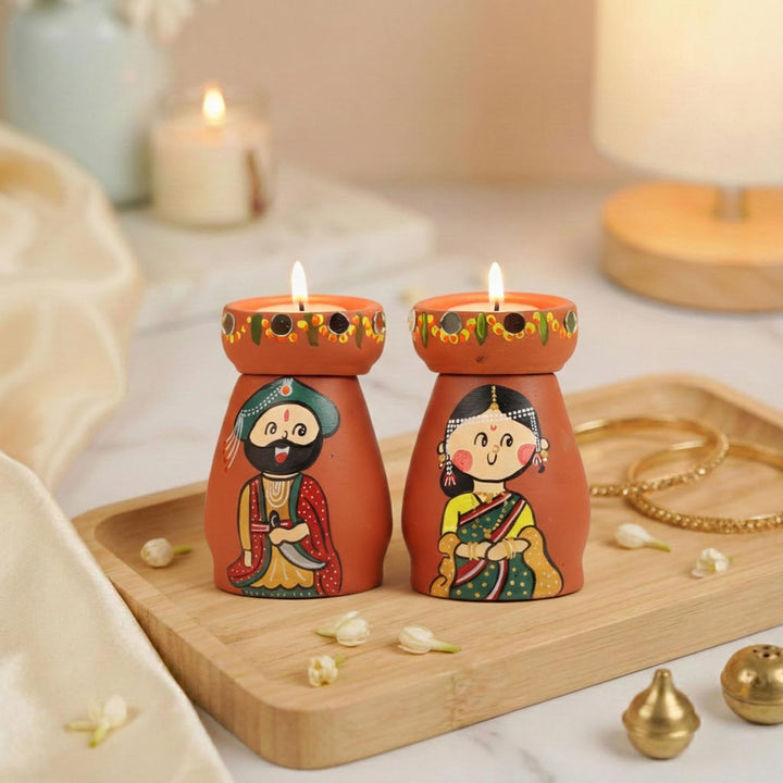 2 Pc | North Indian Couple Handpainted Terracotta Tealight Holders