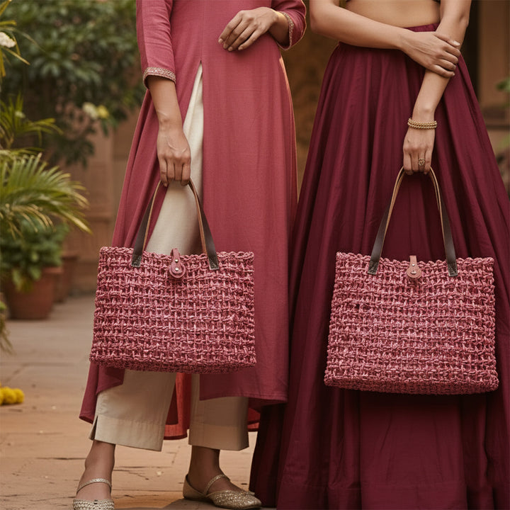 Handmade Grass Woven Leather Strap Box Shaped Pink Sabai Mesh Tote Bag