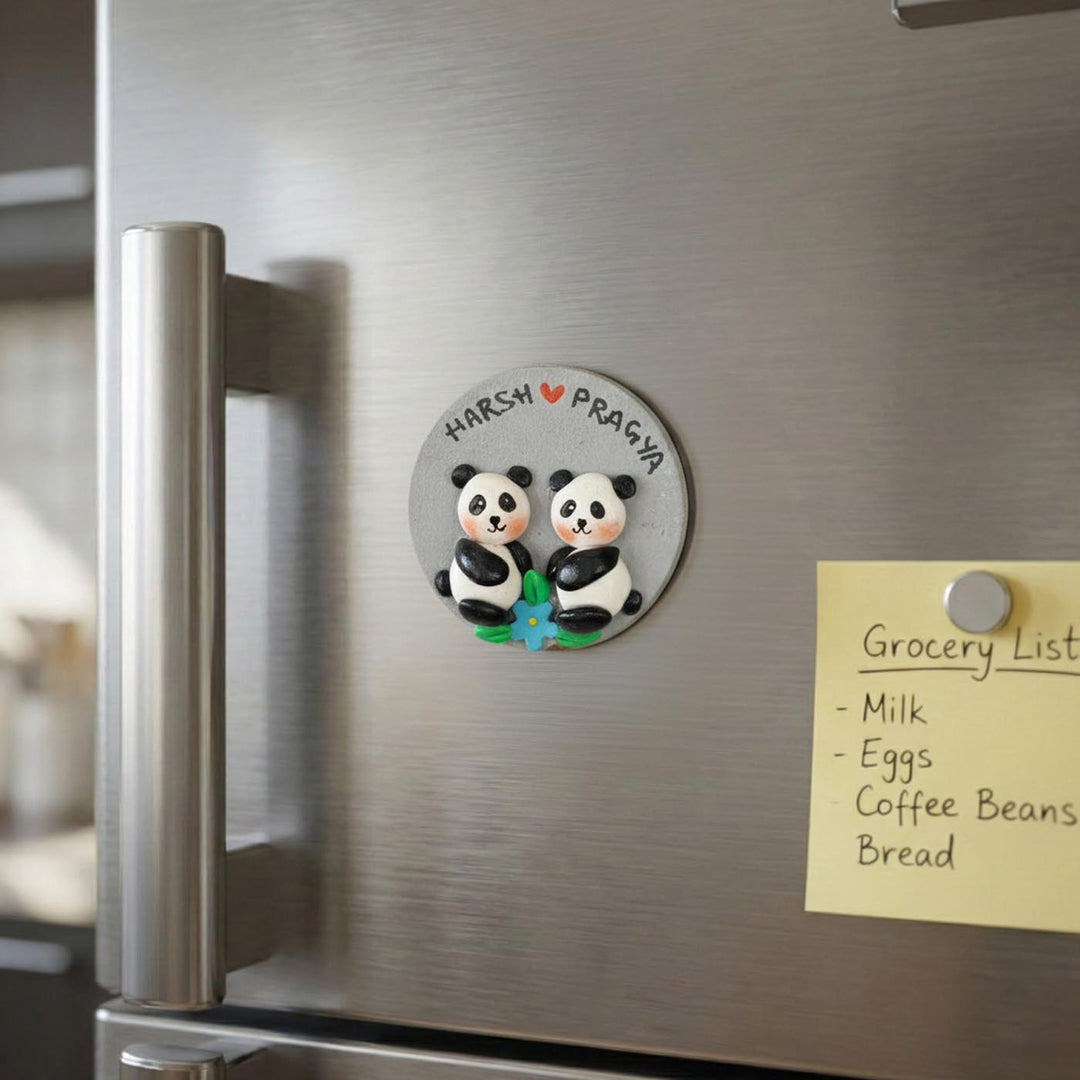 Pandas Couple Personalized Handmade Polymer Clay Round Fridge Magents
