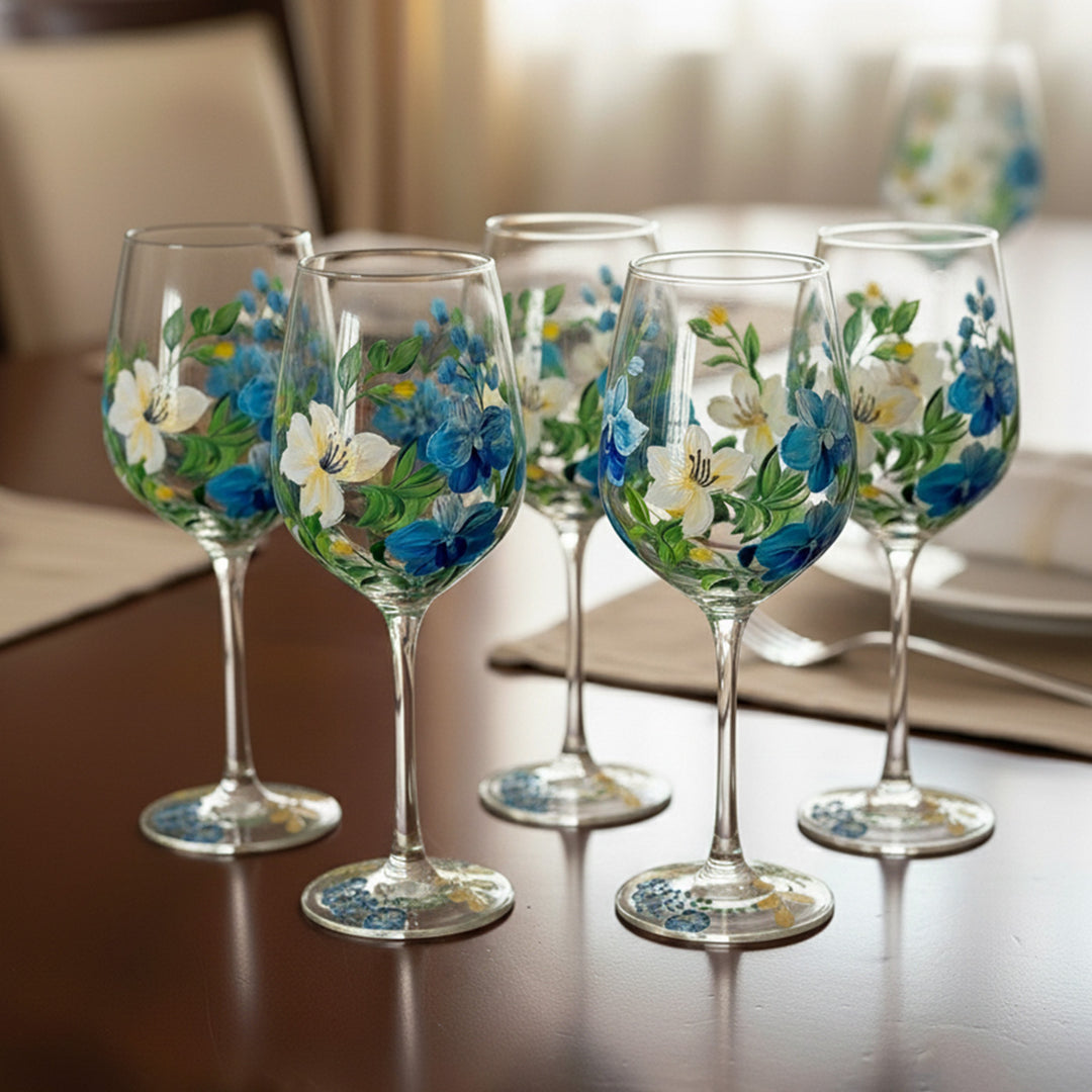 Hand-Painted Orchids & Lilies Wine Glass