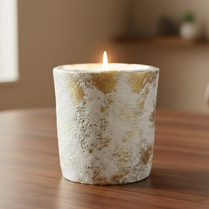 White Distress Finish Terracotta Candle Holder With Candle