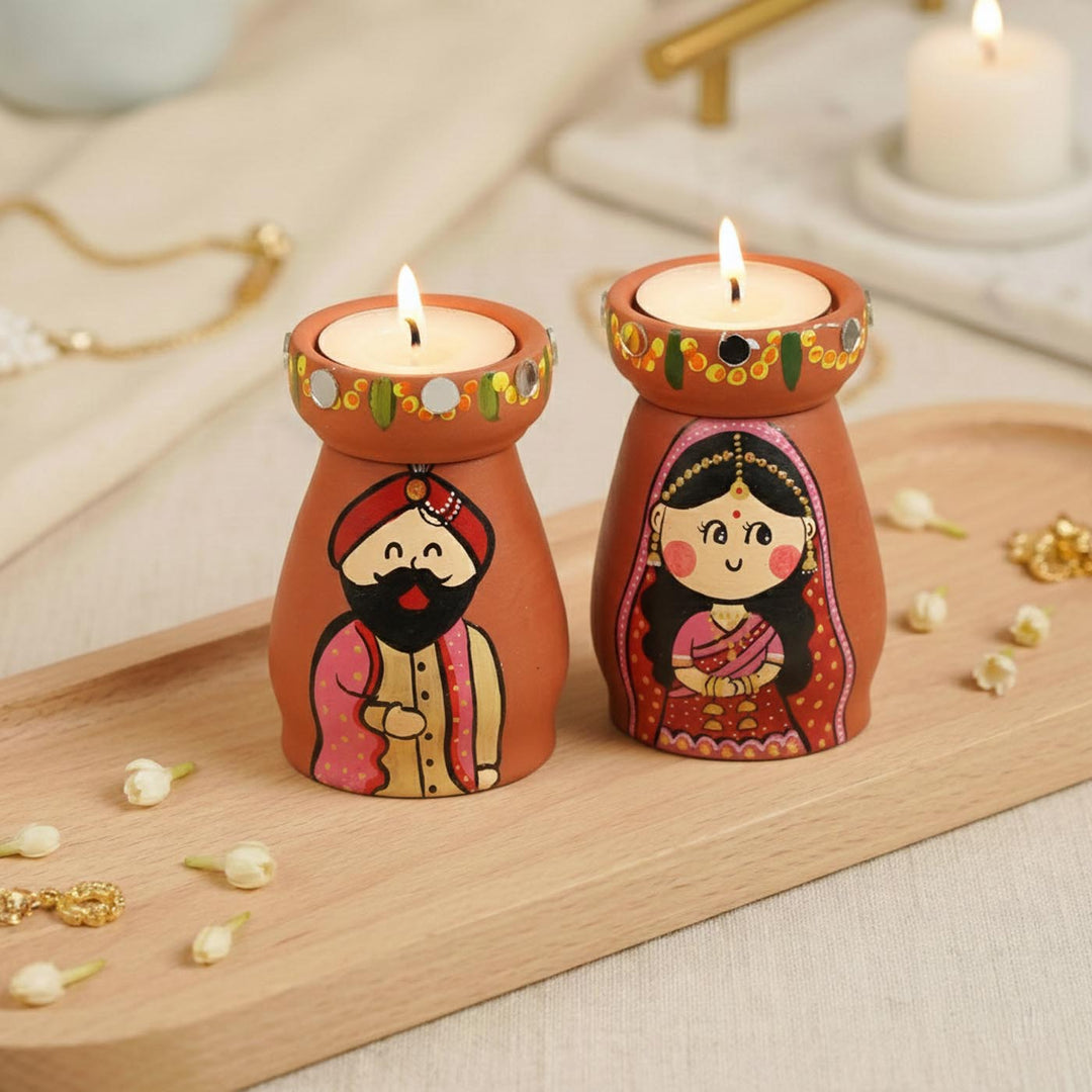 2 Pc | Marathi Couple Handpainted Terracotta Tealight Holders