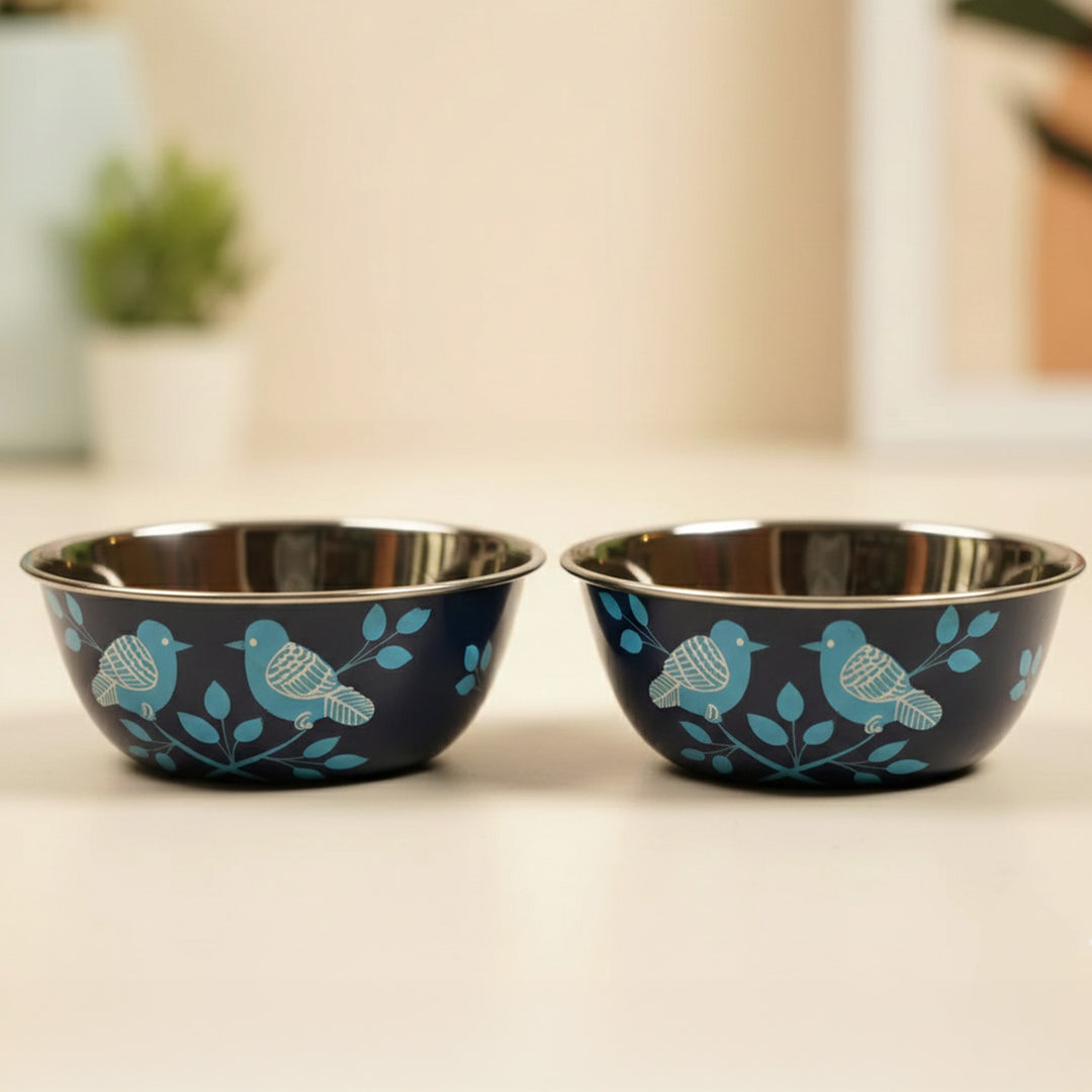 2Pc | Hand-Painted Blue Birds Kashmiri Art Stainless Steel Medium Bowls
