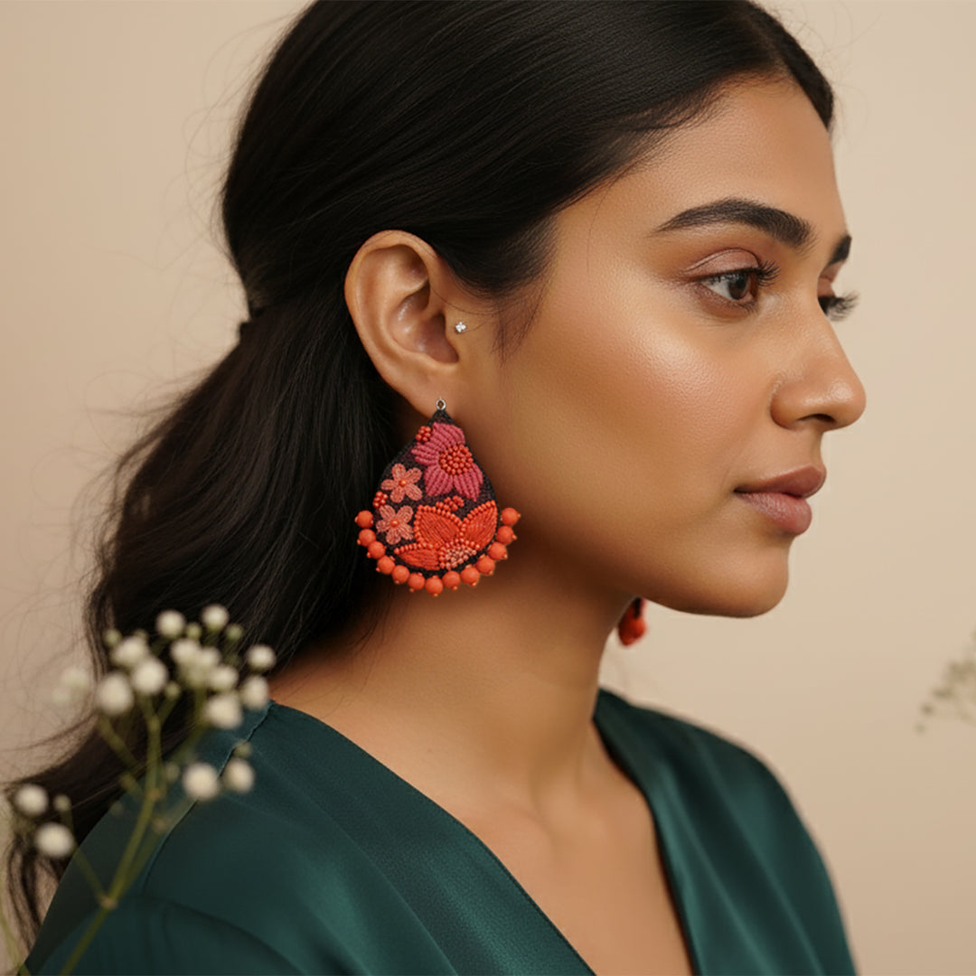 Hand Embroidered Beaded Floral Earrings
