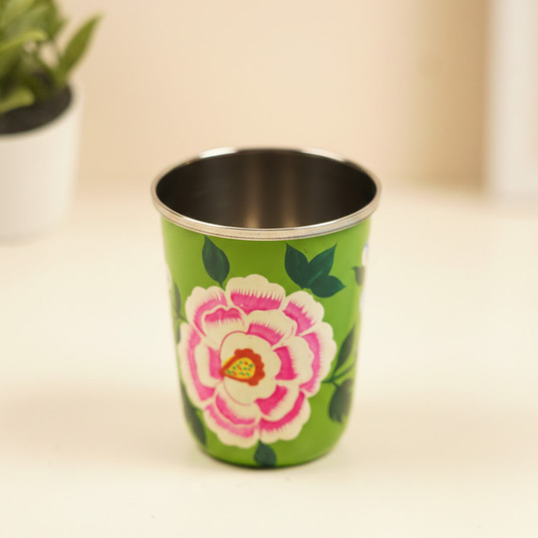 2Pc | Hand-Painted Green Floral Kashmiri Art Stainless Steel Medium Glasses