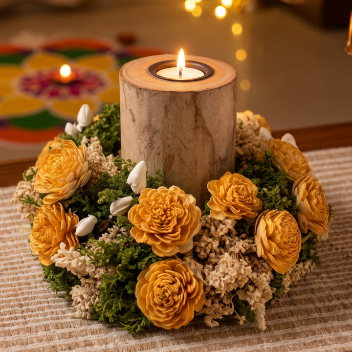 Handmade Decorative Yellow Shola Flower Centerpiece with Candle Holder