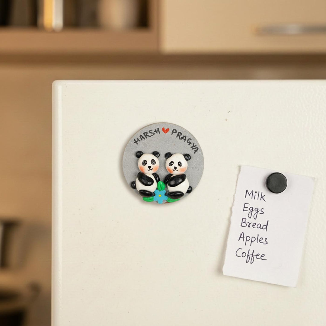 Pandas Couple Personalized Handmade Polymer Clay Round Fridge Magents
