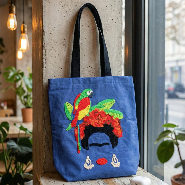 Hand-Embroidered Dori Work Frida Kahlo Tote Bag