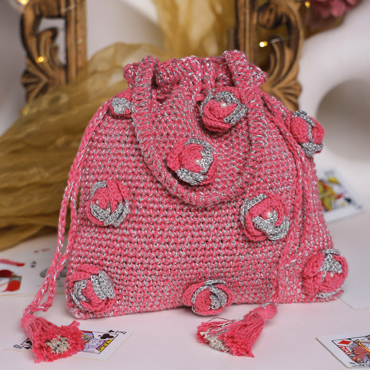 Handmade Crochet Pink & Silver Bloom Potli
