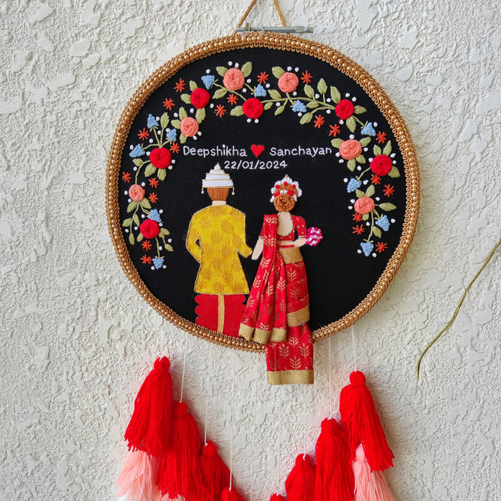 Personalized Embroidered Floral Bengali Couple Wedding Plaque With Tassels