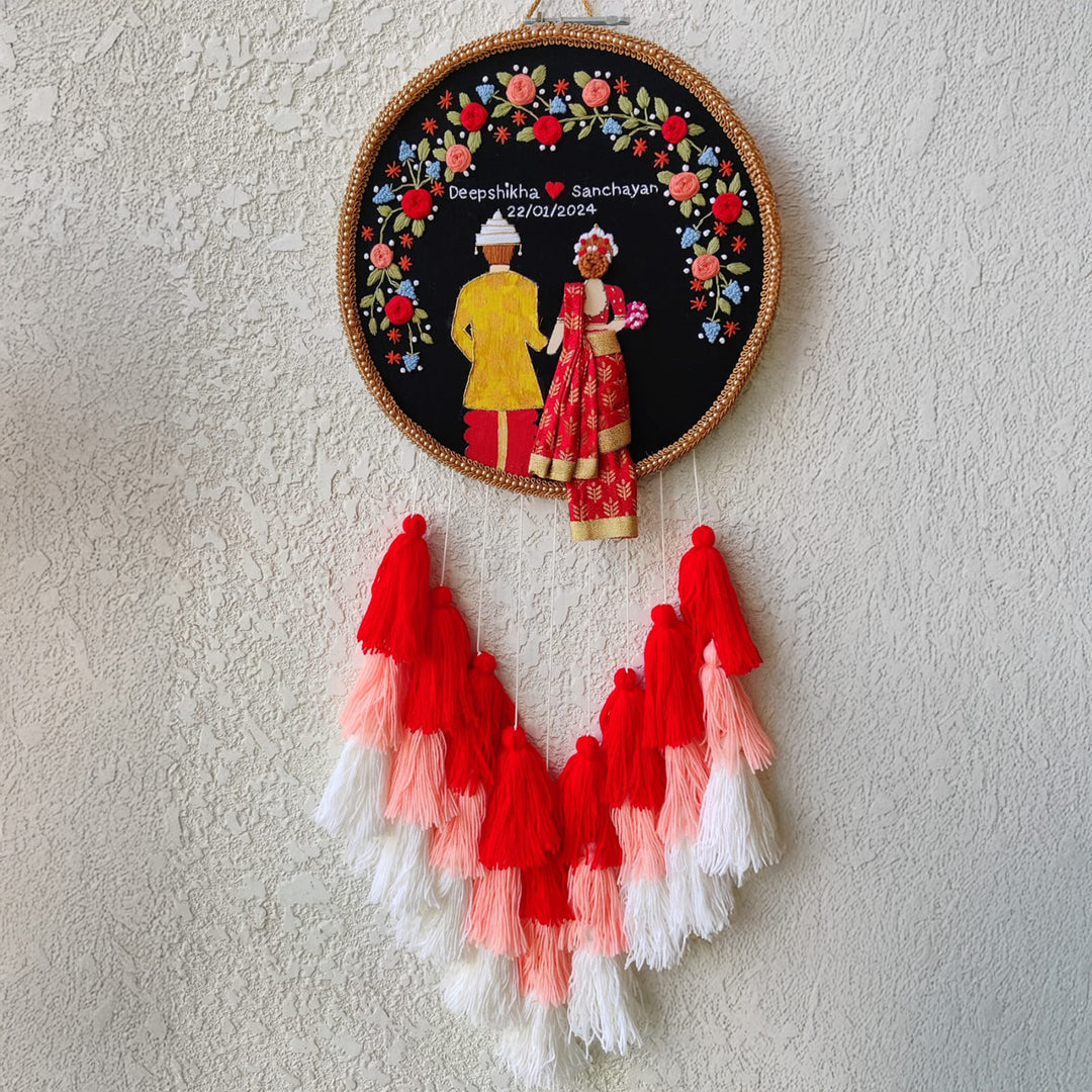 Personalized Embroidered Floral Bengali Couple Wedding Plaque With Tassels