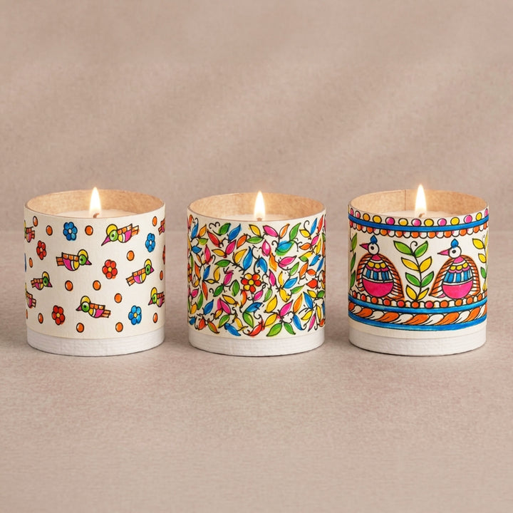Set of 3 | Hand-Painted White Madhubani-Inspired Parchment Leather Votive Tealight Covers