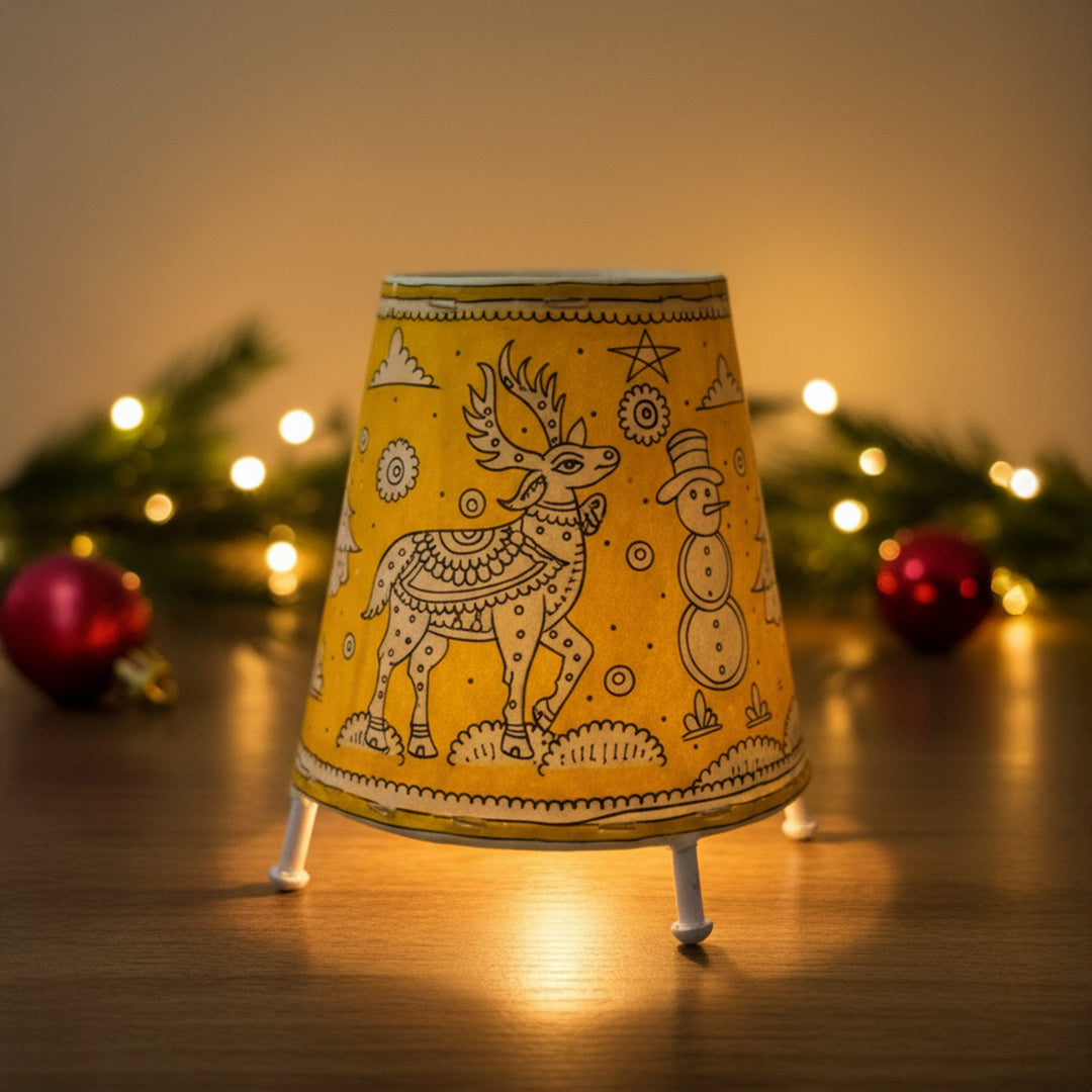 6 inch | Yellow Christmas Motifs Hand Painted Tholu Bommalata Tabletop Lamp