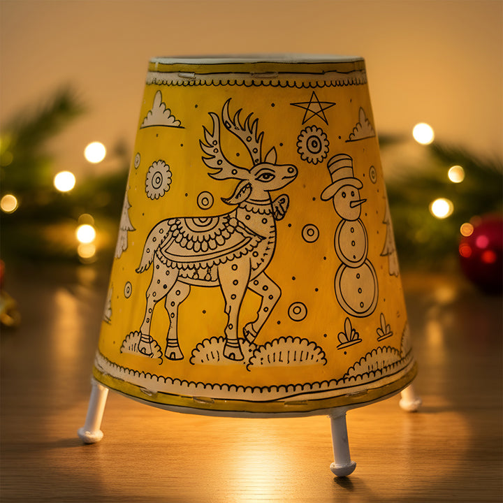 6 inch | Yellow Christmas Motifs Hand Painted Tholu Bommalata Tabletop Lamp