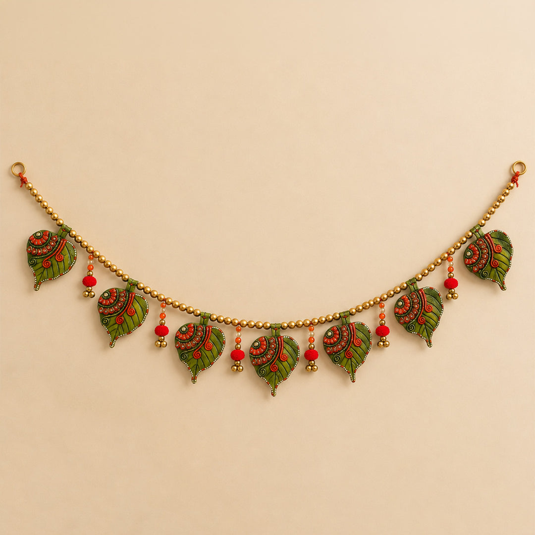 Small Asopalav Green Handcrafted Asopalav Leaf MDF & Paper Mache Toran For Festive Decor