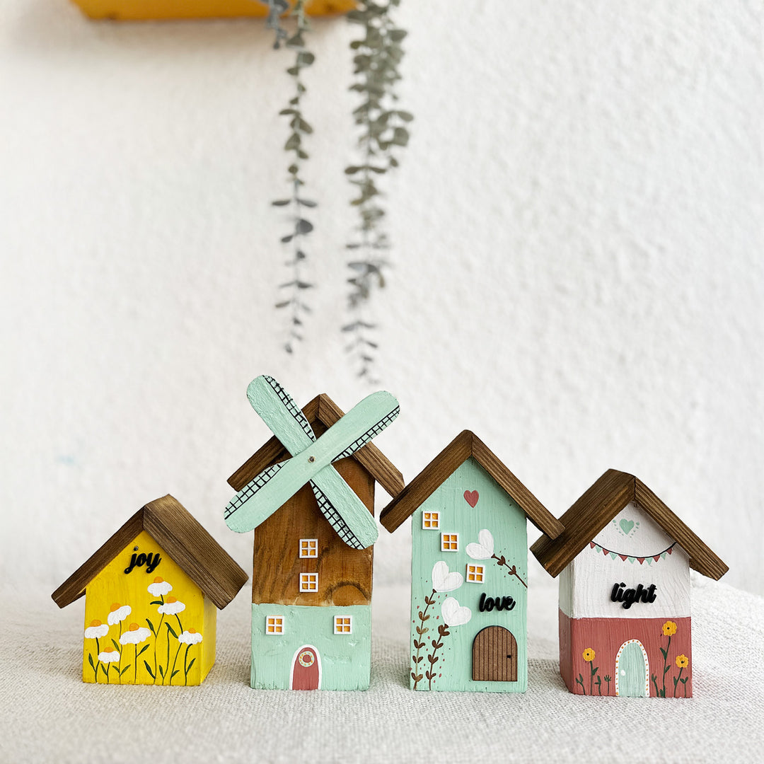 4 pc | Joy, Love & Light Handcrafted Miniature Wooden Houses